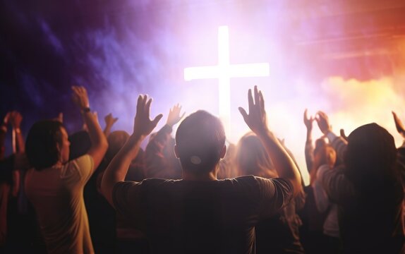 Church worship concept: Christians raising their hands in praise and worship at a night music concert, Generative AI