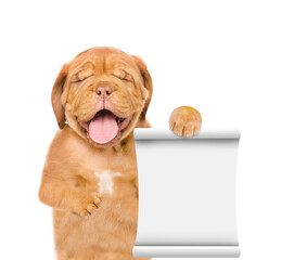 Aufkleber - Laughing  Mastiff puppy shows empty list. Isolated on white background