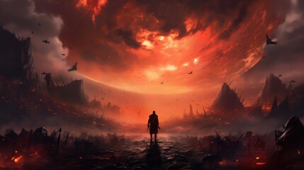 Game art piece that depicts a pivotal moment in the middle of an epic journey