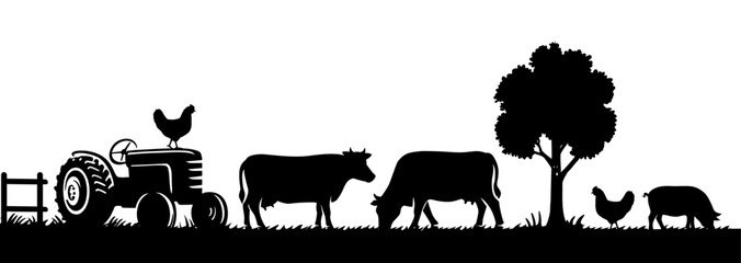 Black silhouettes of farm animals. Animals on White