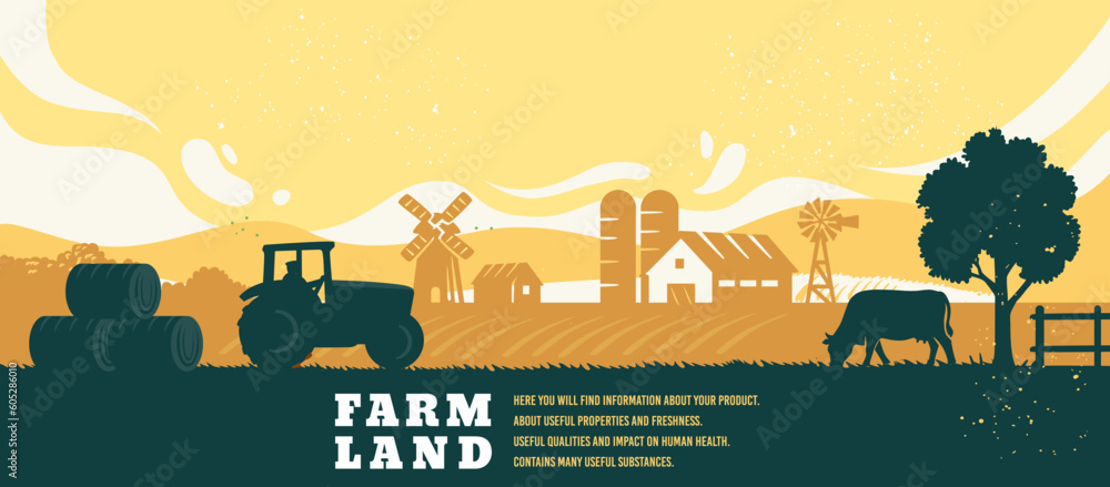 Rural landscape with farm and cow. Stock Vector | Adobe Stock