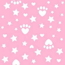 Pet Paws, Hearts And Stars On A Pink Background. Vector Seamless Pattern. Ideal For Textiles, Fabrics, Packaging, Wrapping Paper