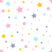 Vector Seamless Pattern With Multicolored Stars And Polka Dots On A White Background. Simple Cute Pattern. Ideal For Textiles, Fabrics, Packaging, Wrapping Paper And More