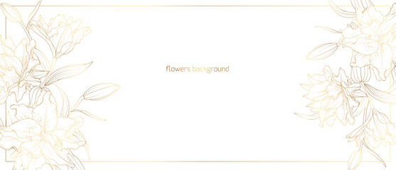 Golden floral border frame card template. Gold lily flower line art for bunner, wedding card. Rectangle corners sides decoration.