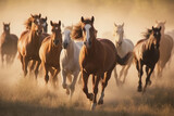 Fototapeta Panele - A herd of horses galloping in a field representing freedom and beauty