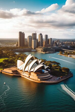 AI Generated. Captivating City View Of Sydney, Australia  Iconic Sydney Opera House, Majestic Harbour Bridge. Stylish Poster Design 