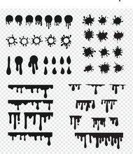 Vector Paint Blob Set. Black Liquid Splash, Round Ink Splatter, Dripping Paint Collection. Paint Flows Circle Stickers, Abstract Stains Badges And Drops Design Elements On Transparent Background.