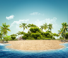 3d Illustration Of Island Paradise Isolated. Beach Mock Up. Beautiful Landscape On Background, Travel Ads.