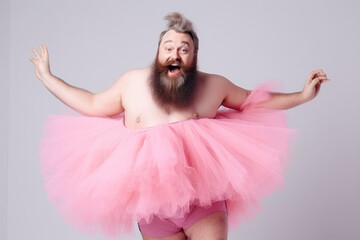 Funny man with big belly in fairy ballerina dress. Generative ai.