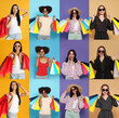 © New Africa - Collage with photos of women holding shopping bags on different color backgrounds