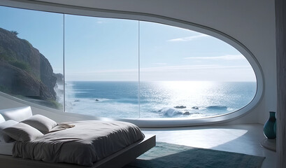 Wall Mural - interior of hotel bedroom with bed with a view of sea through the window. Generative AI illustration