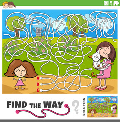 Wall Mural - find the way maze game with cartoon girls and cute kitten