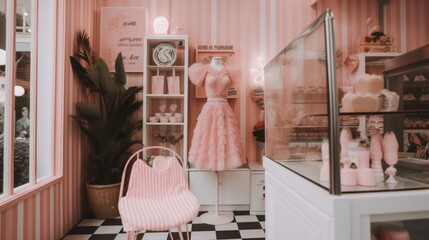 A pink dress shop with a pink chair in front of it. Generative AI image.