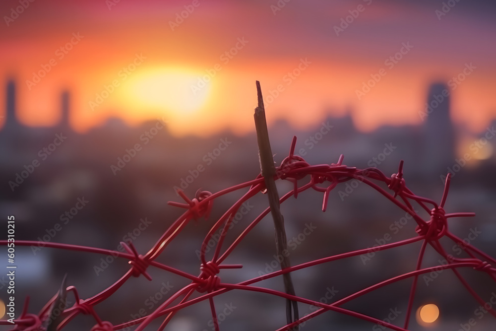 Ilustracja bez tantiem: Barbed wire fence with Twilight sky to feel ...