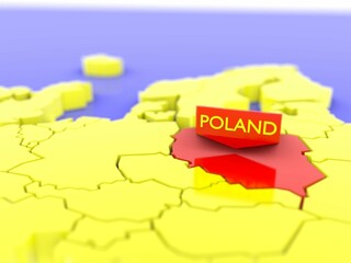 Wall Mural - 3D rendering of a yellow Europe map focused on Poland with a red color