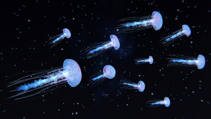 Wall Mural - glowing jellyfish swim deep in blue sea. medusa neon jellyfish fantasy in space cosmos among stars. 
