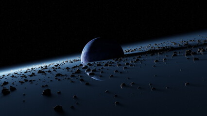 Wall Mural - planet pandora surrounded asteroid belt, rings wreckage of destroyed planet. blue protoplanet in bla