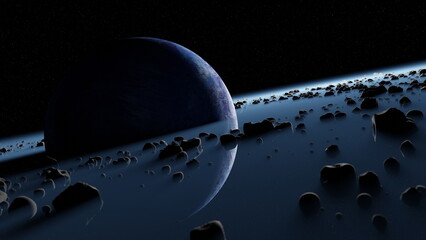 Wall Mural - planet pandora surrounded asteroid belt, rings wreckage of destroyed planet. blue protoplanet in bla