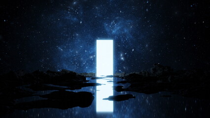 Wall Mural - glowing space portal is reflected in water. door to other worlds and galaxies among stones. journey 