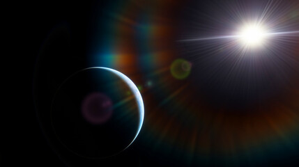 Wall Mural - planet earth dawn sunset from space. silhouette planet earth in rays of sun against background of sp
