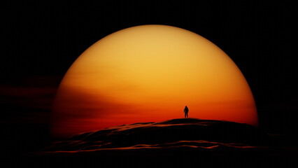 Wall Mural - lonely astronaut looks at sunset on deserted planet. contrasting martian landscape. cosmonaut on bac