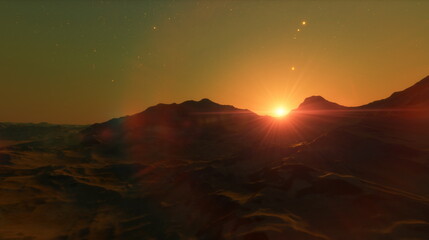 Wall Mural - planet mars dawn sunset, red mountains and the atmosphere of the planet. 3d rendering