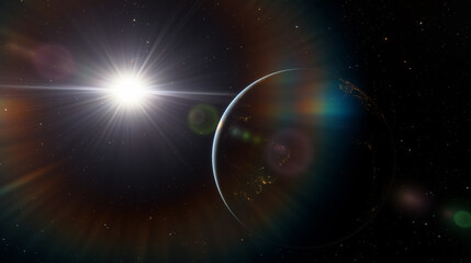 Wall Mural - planet earth dawn sunset from space. silhouette planet earth in rays of sun against background of sp