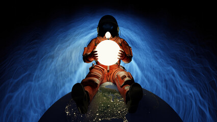 Wall Mural - astronaut sits on planet earth and hold glow star planet in hands. cosmonaut in space, exploration o