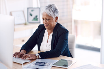 Poster - Busy, computer and management with a business woman or CEO working in her corporate office. Mission, professional and leadership with a senior female manager at work typing an email or proposal