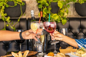 Poster - Caucasian hands cheering with cocktail glasses