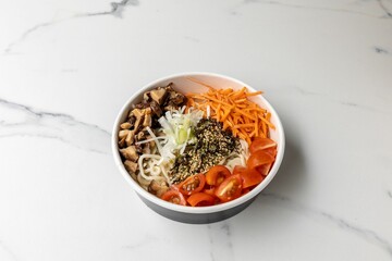 Sticker - Tasty poke bowl with mushrooms on the marble table