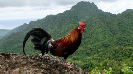 Poster - Shot of a rooster in the background of a mountain covered with forests under the cloudy sky