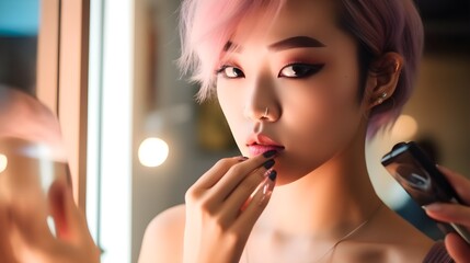 Wall Mural - Close-up portrait of handsome young Asian woman, applying make up, holding a brush, pastel colors, clear pale skin, modern, self care, sunlight from the window, bokeh background, pink, AI Generated.