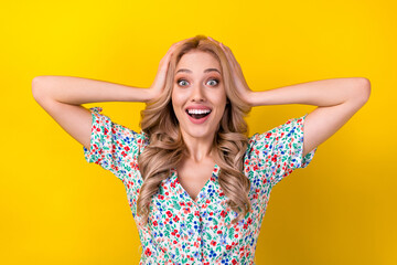 Sticker - Portrait of overjoyed lovely lady wear stylish sarafan arms touch head rejoice cant believe win lottery isolated on yellow color background