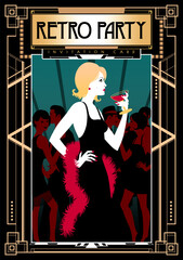 Girl in evening dress with a glass of champagne. Retro party invitation card. Handmade drawing vector illustration. Art Deco style.