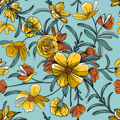 Wall Mural - Hand drawn seamless pattern with beautiful garden flowers and leaves on light turquoise background. Vector illustration, retro style.