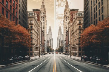 A mirrored city street lined with historic buildings and fall foliage under a soft sky, symmetric Split-Screen Panorama of Cleveland and New York Streets.