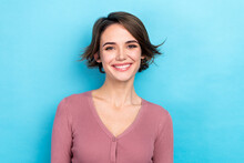 Photo Of Charming Stunning Lady White Teeth Smile Wear Pink Shirt With Buttons Isolated Blue Pastel Color Background