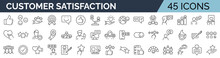Set Of 45 Line Icons Related To Customer Experience, Client Satisfaction, Review, Feedback. Outline Icon Collection. Editable Stroke. Vector Illustration