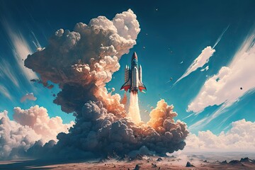 Canvas Print - rocket ship breaking the atmosphere, with view of blue sky and clouds visible, created with generati