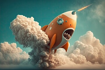 Wall Mural - cute rocket blasting into the sky among the clouds, created with generative ai