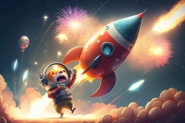 Wall Mural - cute rocket start, with fireworks display and music in the background, created with generative ai