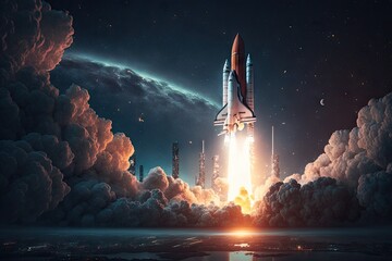 Wall Mural - rocket blasting off into the night sky, with city lights in the background, created with generative 