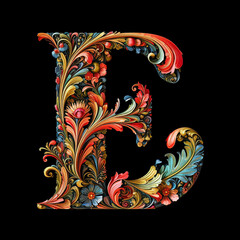 Sticker - The letter E in a mythical way on black background,Generative AI