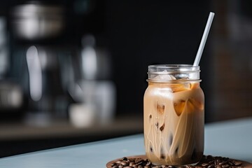 Wall Mural - iced coffee latte in a jar, with straw and label for easy take-away, created with generative ai