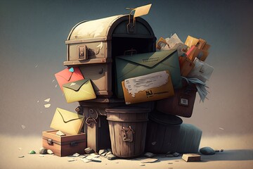Wall Mural - mailbox with a pile of mail and parcel deliveries in the background, created with generative ai