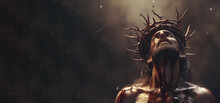 Jesus Christ Crucified In A Crown Of Thorns Bloody, Generative Ai