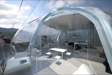 Wall Mural - futuristic and conceptual home, with view of the outside world through transparent walls, created with generative ai