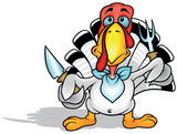 Fototapeta Pokój dzieciecy - White Blue-eyed Turkey with a Yellow Beak Holding a Fork and Knife