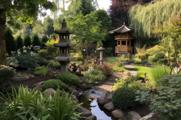 Wall Mural - peaceful garden with pagoda and babbling brook, created with generative ai